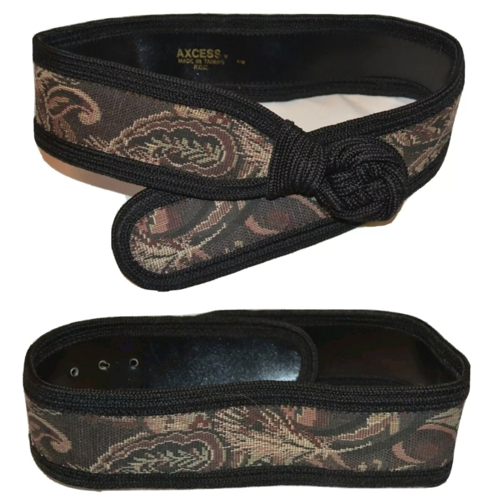 Axcess Vintage 80s Black Rope Brocade Upholstery Tapestry Fabric Belt S/M
